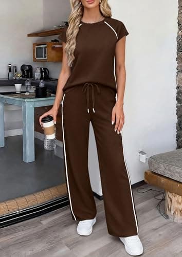 PRETTYGARDEN Women's 2 Piece Lounge Sets 2026 Summer Cap Sleeve Tops Wide Leg Pants Travel Outfits Matching Fashion Clothing (Dark Brown,Small) - Thumbnail 5