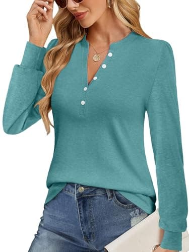 GKBK Women's Puff Long Sleeve Tunic V Neck Button Blouses Fall Tops Trendy Dressy Casual Business Henley Shirts Cyan M - Thumbnail 6