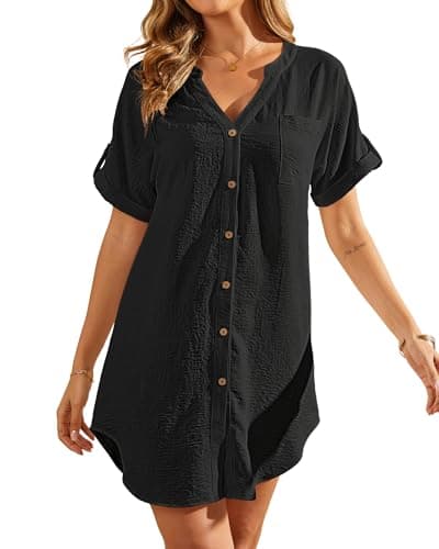 Bsubseach Swimsuit Coverup for Women Bathing Suit Cover Up Button Down Shirt Beach Dress Vacation Outfits Black XL - Image 1