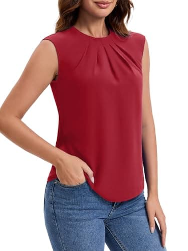 Funlingo Womens Summer Tops 2026 Dressy Casual Short Cap Sleeve Shirts Crew Neck Office Work Blouses Business Formal Outfits Red M - Thumbnail 4