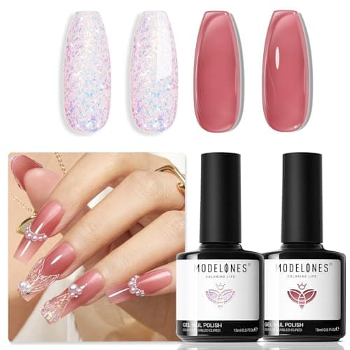modelones Gel Nail Polish Set 2 Pcs 15 ML French Tip Red White Jelly Gel Polish Glitter Shimmer Pearl Pink Soak Off UV French Tip Gel Polish For Nail Art DIY Manicure At Home For Women Girl - Image 1