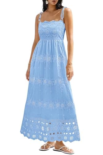 dowerme Womens Summer Maxi Dresses 2026 Casual Spaghetti Strap Smocked Eyelet Cotton Dress Long Beach Vacation Sundress(Light Blue,X-Large) - Image 1