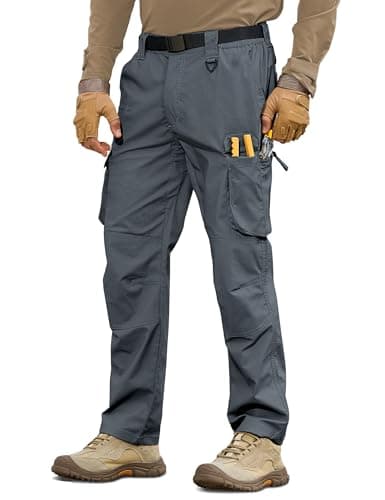 MOURCE Mens Tactical Pants Ripstop Waterproof - Elastic Waist Outdoor Work Hiking Pants Men with 10 Pockets, Grey - Image 1