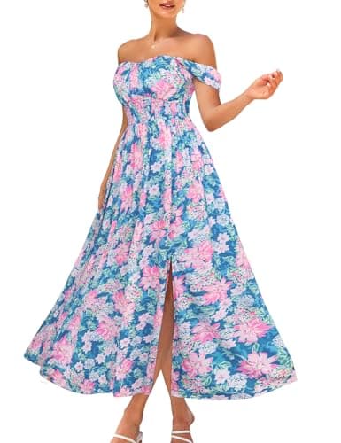 2025 Women's Summer Sleeveless Off Shoulder Floral Flowy A Line Maxi Dresses Blue Pink M - Image 1