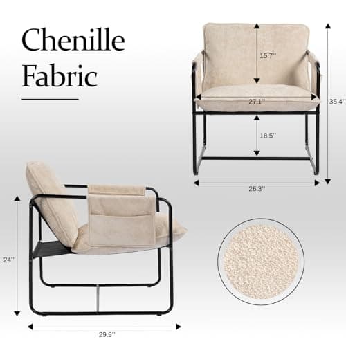 AnjiEacen Modern Accent Chair Comfortable Living Room Chairs with Armrests, Lounge Chair with Metal Frame Chenille Upholstered Bedroom Reading Chair - Thumbnail 3