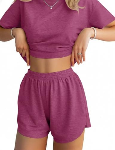 JUSTFASHIONNOW Womens Summer Pajama Sets Short Sleeve Pajamas for Women Split Short Sets Soft Two Piece Outfits Lounge Sets Casual Crew Neck Sleepwear Pjs Red M