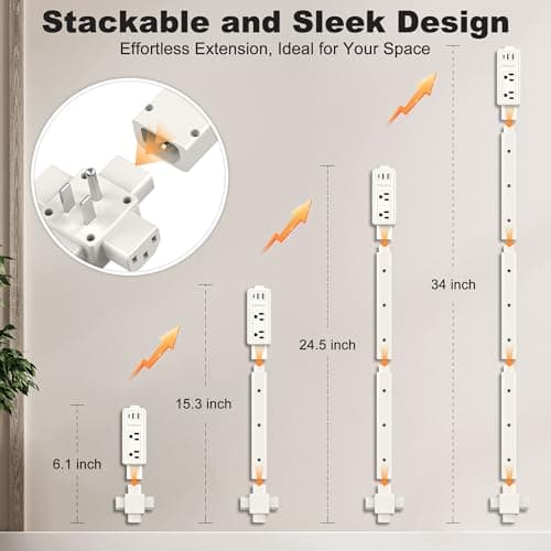 Extendable Outlet Extender Stick, Plug Extension with 2 AC + 2 USB-A + 1 USB-C Ports, 6"-35" Adjustable Length, 360° Rotatable, Fireproof Power Expander for Couches, Nightstands - 2 Pack - Thumbnail 3