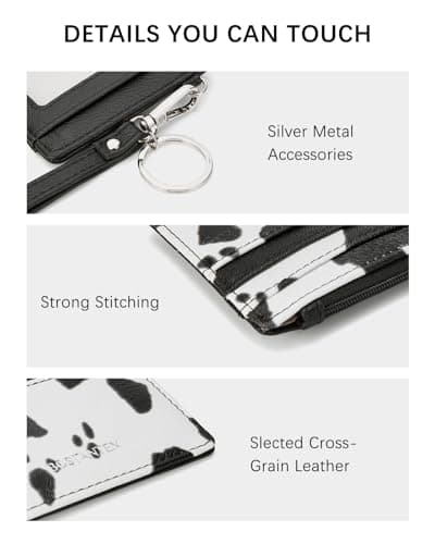 BOSTANTEN Small Wallet For Women RFID Leather Credit Card Holder Slim Wristlet Keychain Wallet With Zipper Pocket White Cow Print - Thumbnail 3