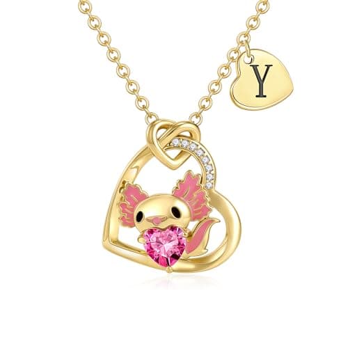 C-leen Axolotl Necklace Gifts for Teens - 14K Gold Plated CZ Heart Initial Y Pendant Axolotl Necklace Initial Necklaces Birthday Gifts for Girls - Image 1