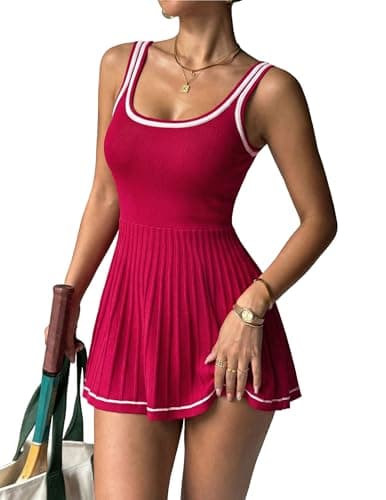 LOOKBOHO Womens Sleeveless Knitted Athletic Tennis Golf Dress Workout Active Dresses(R,L) Red - Image 1