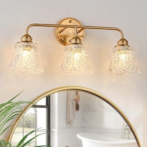 YUNICE 3 Light Bathroom Vanity Light Fixtures Brushed Gold Wall Sconce with White Glass Shade E26 Base Vintage Mirror Lights for Bathroom, Bedroom Antique Brass Wall Lamp