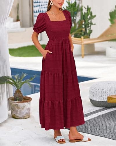 PRETTYGARDEN Women's Summer Dresses 2026 Puff Sleeve Square Neck High Waist Smocked A-Line Flowy Loose Fit Midi Dress(Wine Red,XX-Large) - Thumbnail 3