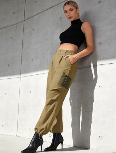 LOOKBOHO Y2K Cargo Pants Women 2026 Summer Contrast Pockets Lightweight Travel Hiking Drawstring Casual Straight Leg Trousers Camel XX-Large - Thumbnail 4