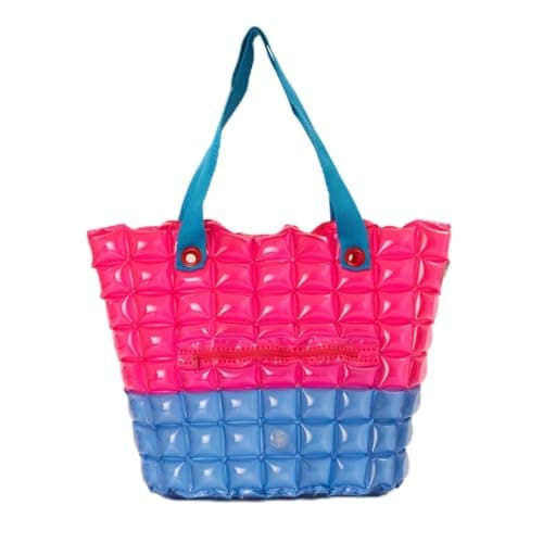 inflatDecor Neon Handbag for Women – Inflatable Puffer Tote Bag with Diamond Pattern – Lightweight Waterproof Beach Bag (Red-Blue, X-Large) - Image 1