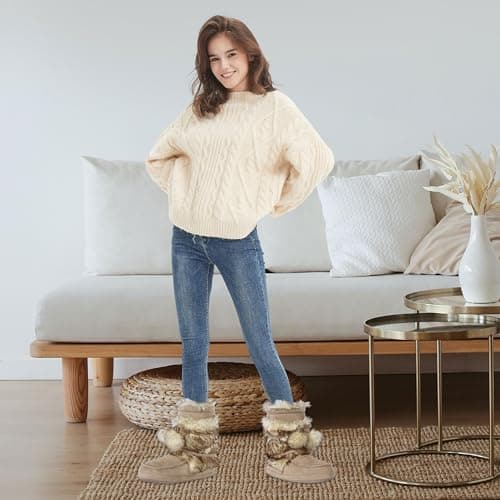 Forfoot House Slippers, Warm Soft Plush Lining Slippers Boots for Women Indoor Anti-Slip Shoes Soft Sole Lace Pom Pom Bedroom Booties Furry Boots Beige Size 9-10 - Thumbnail 2