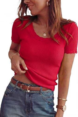 Arach&Cloz Women's 2026 100% Cotton Spring Summer Tops Scoop Neck Short Sleeve Sweater Shirts Pullover Lightweight Soft Cozy Slim Fit Stretchy Business Casual Outfits Work Clothes Trendy Red M - Image 1