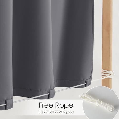 NICETOWN Fade Resistant Outdoor Curtains 2 Panels, Waterproof Patio Curtains with Sticky Back Top & Back Tab Bottom with Free Rope, Windproof Sun Shades for Lanai/Porch, W66 x L84 in, Grey - Thumbnail 3