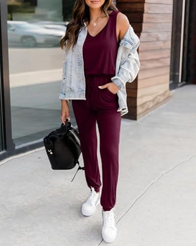 KIRUNDO Women 2026 Summer Jumpsuits Casual Sleeveless Drawstring Elastic Waist Romper Vacation Cruise Airport Travel Outfits(Wine Red, Large) - Thumbnail 4