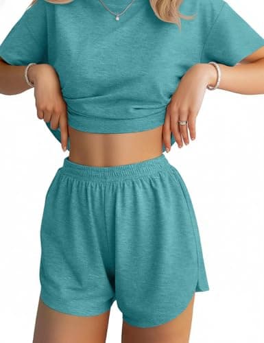 JUSTFASHIONNOW Womens Short Pajamas Set 2 Piece Lounge Set Women Stripe Short Sleeve Split Shorts Sets Casual Summer Shorts Sets Comfy Loungewear Outfits Turquoise XXL - Image 1