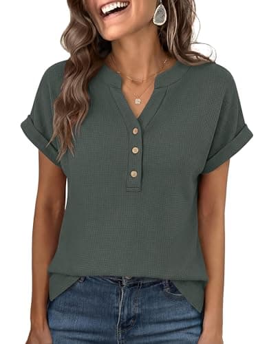 ANRABESS Women Short Sleeve Waffle Knit Henley Shirts Casual Loose Summer Top High Low Slit T-Shirts Vacation Clothes Army Green Medium - Image 1