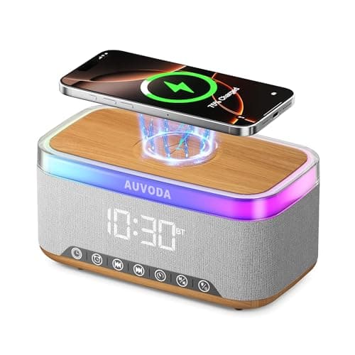 AUVODA S300 16W Stereo Bluetooth Speaker with 15W Fast Wireless Charging, 13-Color Dimmable Night Light, Alarm, White Noise, FM Radio, Portable, TWS, BT5.3, for Home Office Bedroom (Wood) - Image 1