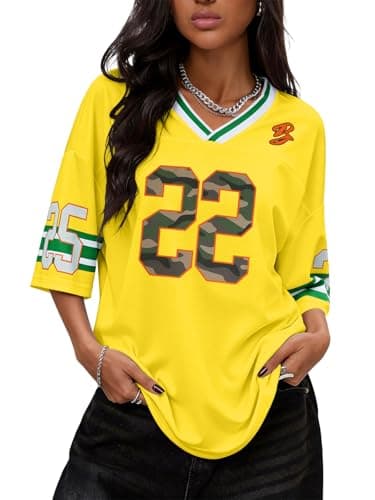 TAKEYAL Jersey Shirts for Women Oversized Graphic Tees V Neck Tshirts Womens Tops Trendy Y2K Accessories X-Small Yellow - Image 1