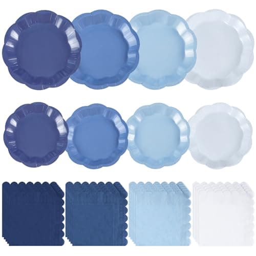 NatNarr Blue Plates and Napkins, Gradient Blue Baby Shower Decorations Include 7" & 9" Scalloped Dusty Blues Dessert Plates, Napkins for Wedding, Baby Bridal Shower, Birthday - Image 1