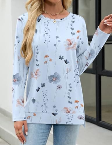 JUSTFASHIONNOW Womens Long Sleeve Tunic Tops to Wear with Leggings Crew Neck Side Split Layering Shirts Loose Fit Long Tops Floral Blue - Thumbnail 2