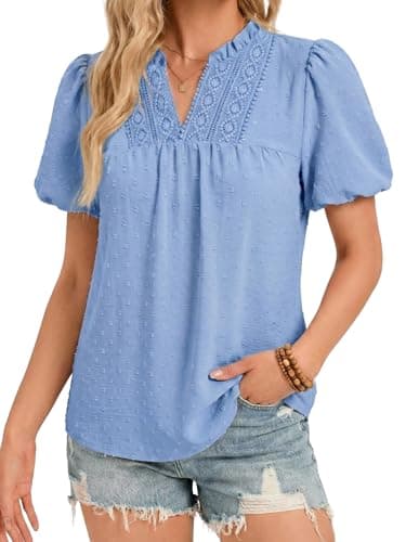 Funlingo Boho Tops for Women Puff Short Sleeve Dressy Casual Blouses Summer Trendy Lace Flowy Swiss Dot Babydoll Shirts 2026 Bohemian Clothes Blue L - Image 1