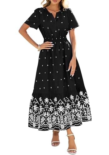 BTFBM Womens Summer Dresses 2026 Casual Short Sleeve Elastic Waist Flowy Beach Vacation Floral Boho Maxi Dress Pockets (Black White Flower, Small) - Image 1