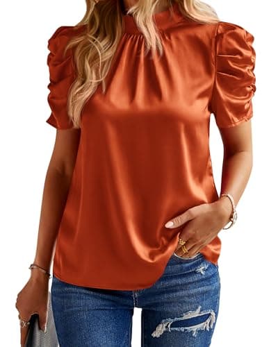 BTFBM Womens Tops 2026 Dressy Casual Blouses Summer Spring Clothes Mock Neck Short Sleeve Shirts Business Work Fall Outfits(Solid Brick Red, Large) - Image 1