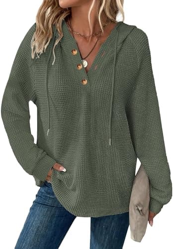 Dimur Waffles Knit Pullover Tops Christmas Drawstring Hoodie Business Casual Outfits for Women V Neck Dressy Crochet Tops for Women Casual Style - Image 1