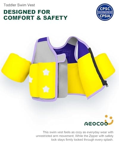 AEOCOO Toddler Swim Vest 20-30-50-70 Pounds, Kids Pool Floaties for 1-2-3-5-7-9 Years Old, Comfortable Wear Bright Float Jacket with Water Ring, Unpadded Side for Arm Comfort, Boys, Girls, Purple - Thumbnail 2