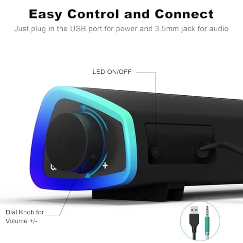 SOULION R30 Computer Speakers, USB Powered PC Speaker, Colorful LED Lights with Switch Button, 3.5mm Aux Surround Soundbar for Desktop Laptop Monitor Office Work Music Gray - Thumbnail 5