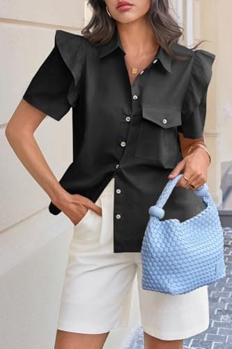 Cicy Bell Womens Ruffle Button Down Shirts Dressy Casual Short Puff Sleeve Cotton Tops Summer Loose Fit V Neck Blouses Black - Thumbnail 5