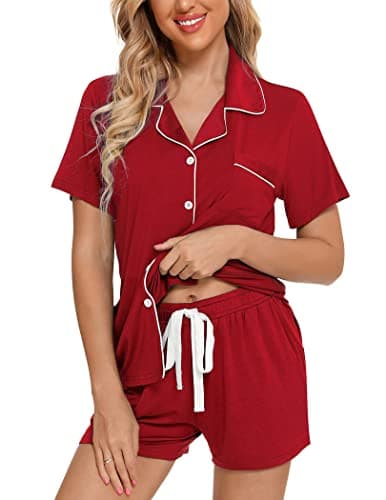 Samring Bridesmaid Pajamas Women's Pajama Sets 2 Piece Sleepwear Loungewear Button Down Short Sleeve Honeymoon PJ Set Red M - Image 1