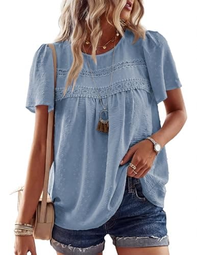 Totatuit Boho Tops for Women Chiffon Casual Short Sleeve Shirts Flowy Lace Hem Blouse Crewneck Tunic Top Blue - Image 1