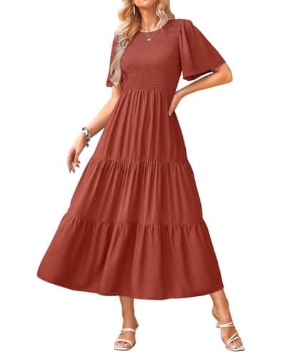 KIRUNDO Maxi Dress for Women 2026 Casual A Line Flowy Long Smocked Easter Short Sleeve Crew Neck Ruffle Tiered Summer Beach Dresses(X-Large, Brick Red) - Image 1