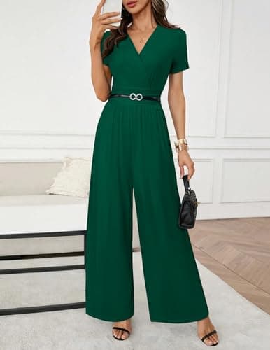 LOOKBOHO Jumpsuits for Women Dressy Casual Short Sleeve Deep V Neck Summer Romper High Waist One Piece Outfits Green L - Thumbnail 2