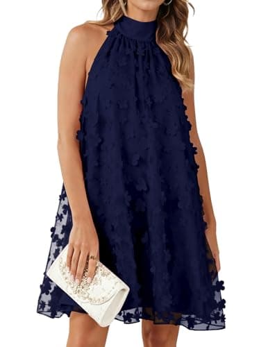 Gleeneat Womens Summer Halter Bridal Shower Cocktail Short Wedding Guest Tulle Floral Dresses for Bride 2026 A Line Homecoming Formal Rehearsal Dinner Engagement Dress Flowy Dress Outfit Navy Blue - Image 1