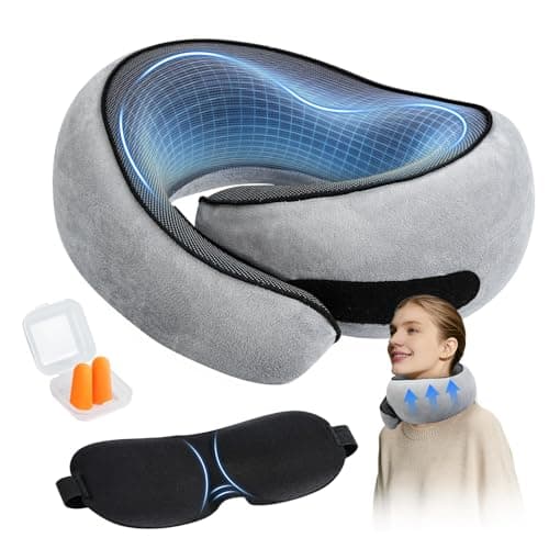 SYNNA Travel Neck Pillow for Airplane & Car, 360° Head and Chin Support, Ergonomic Memory Foam with Silky-Smooth Breathable Washable Cover for Flights, Road Trips & Office Naps - Image 1