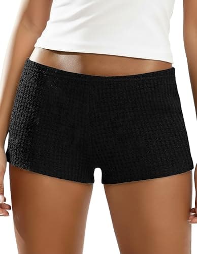 IWOLLENCE Women's Comfy Trendy Mini Shorts Crochet Low Waist Micro Shorts Sexy Club Bottoms Lounge Sleep Short Pants Black, L - Image 1