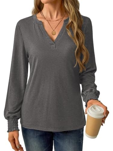 GKBK Womens Long Sleeve Shirts Fall Tops V Neck Business Dressy Casual Blouses with Smocked Cuffs Dark Gray - Thumbnail 3