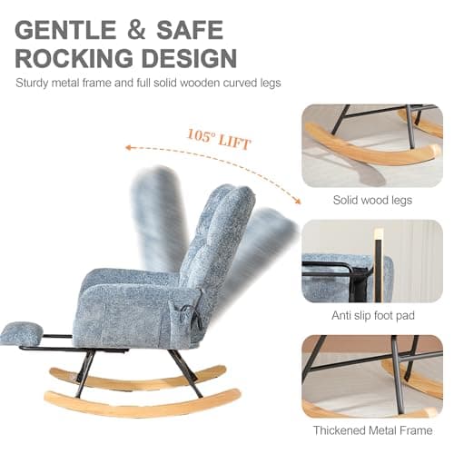 Chistronger Rocking Chair Nursery with Airbag, Comfy Modern Nursery Rocking Reading Chair Indoor with Footrest, Cozy Upholstered Glider Rocker Chairs for Living Room Bedroom Offices(Chenille, Blue) - Thumbnail 4