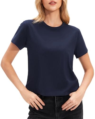 Stelle Women's Short Sleeve Crewneck T-Shirts Cotton Basic Tees Summer Casual Solid Crop Tops Navy Blue X-Small - Image 1