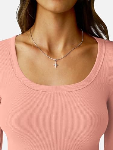 GKBK Long Sleeve Scoop Neck Tops for Women Ribbed Knit Slim Fitted Tight Basic Tee Shirts Lightweight Fall Sweaters 2025 Fashion Trendy Outfits Light Pink - Thumbnail 5