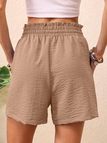 KORSIS Women Shorts High Waist Elastic Summer Lounge Casual Beach Vacation Work Loose Trousers with Pockets Wheat S - Thumbnail 6