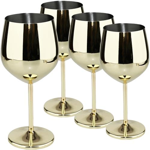 TJ Wine Glasses Stainless Steel Set of 4, Unbreakable Wine Glass 17oz, Wine Accessories Cool Wine Glass, Wine Goblets for Outdoor, Travel, House Warming, Valentines, Anniversary, Gold - Image 1