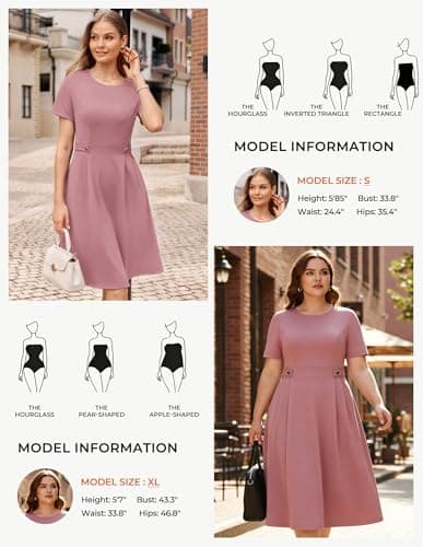 GRACE KARIN Summer Church Dresses for Women 2026 Short Sleeve A Line Work Dresses Fit and Flare Midi Dress with Pockets Gray Pink L - Thumbnail 4