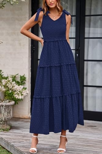 Okiwam Womens Summer Dresses 2026 Sleeveless Tie Strap Maxi Long Flowy Beach Sundresses Boho Swiss Dot Spring Wedding Guest Dress-S Navy - Thumbnail 5